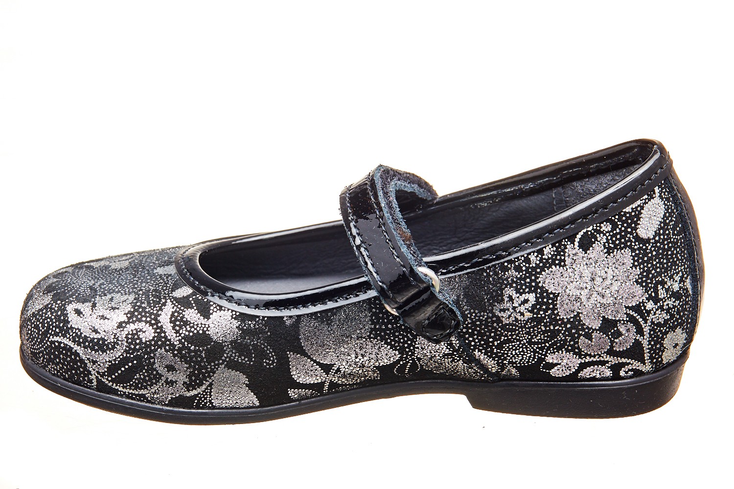 Pantofi negri flori argintii imprimate